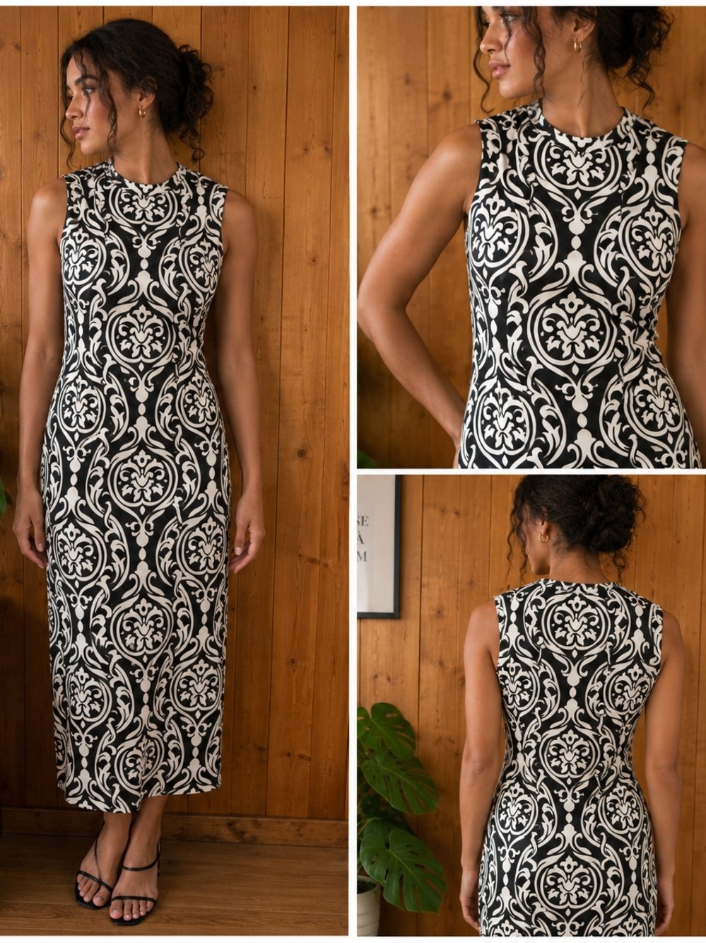 SHEIN Black & White Sleeveless Maxi Dress with Ornamental Print